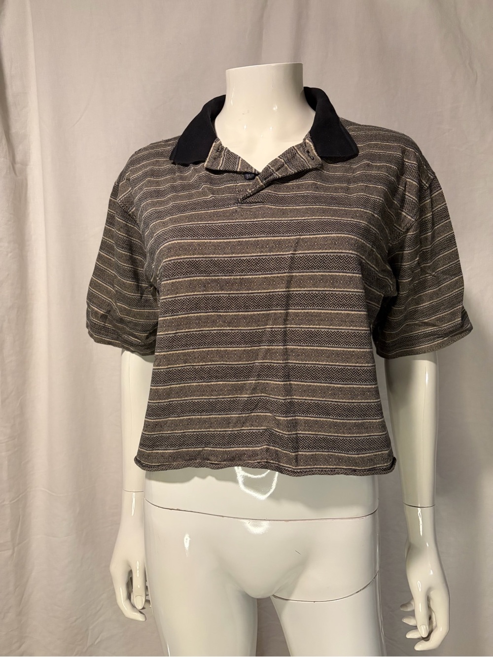 Cherokee Striped Cropped Polo Top in Gray and Black